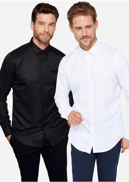 2'li Paket Siyah-Beyaz Slim Fit Kolay Ütü Teri Emen Nefes Alan Doku Dört Mevsim Erkek Gömlek fiyatları