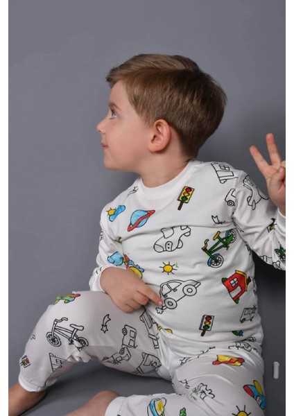 Kendin Boya Erkek Çocuk Pijama Takımı Baskılı 6 Renk Kalem Hediye Yıkayınca Çıkar
