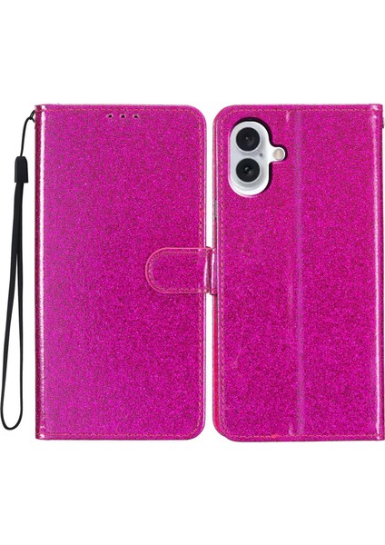 iPhone 16 Plus Pu Deri Cüzdan Katlanır Stand Glitter Telefon Kapağı (Yurt Dışından)