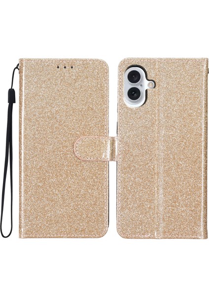 iPhone 16 Plus Pu Deri Cüzdan Katlanır Stand Glitter Telefon Kapağı (Yurt Dışından)