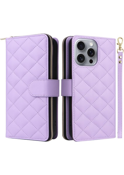 iPhone 16 Pro Max Fermuarlı Cüzdan Eşkenar Dörtgen Crossbody Deri Telefon Kılıfı (Yurt Dışından)