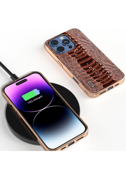 iPhone 16 Pro Max Galvanik Kenar Timsah Dokusu Hakiki Inek Derisi+Tpu+Pc Telefon Kapağı (Yurt Dışından)