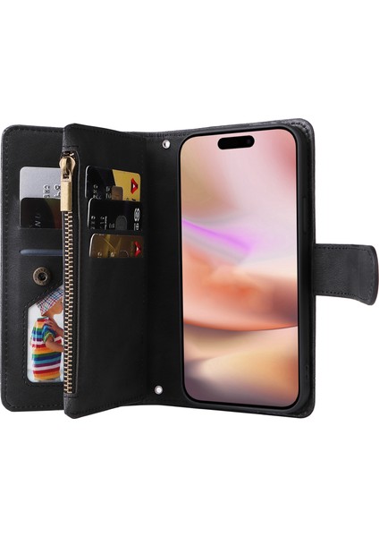 iPhone 16 Plus Fermuarlı Cep Deri Flip Telefon Kılıfı, El Kayışı ile (Yurt Dışından)