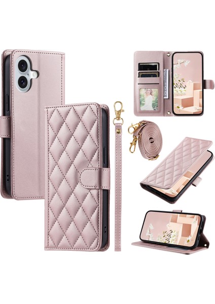 iPhone 16 Plus Eşkenar Dörtgen Izgara Pu Deri Cüzdan Crossbody Telefon Kılıfı (Yurt Dışından)