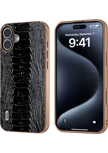 iPhone 16 Plus Galvanik Kenar Timsah Dokusu Hakiki Inek Derisi+Tpu+Pc Telefon Kapağı (Yurt Dışından)