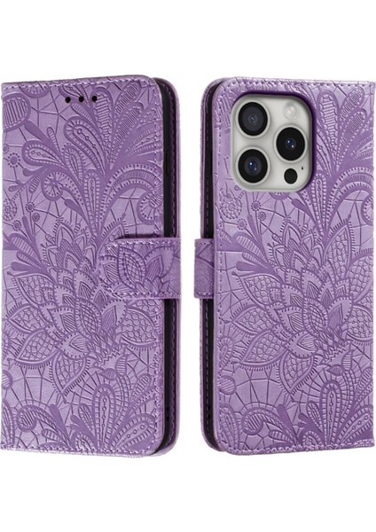 iPhone 16 Pro Dantel Çiçekler Pu Deri Cüzdan Telefon Kılıfı (Yurt Dışından)