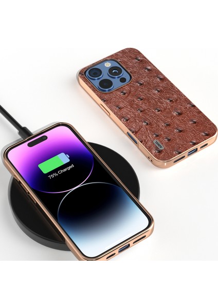 iPhone 16 Pro Galvanik Kenar Devekuşu Dokusu Hakiki Inek Derisi Arka Kapak (Yurt Dışından)