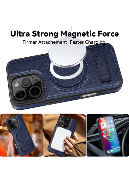 iPhone 16 Pro Max Magsafe ile Uyumlu Manyetik Deri Kickstand Telefon Kılıfı (Yurt Dışından)