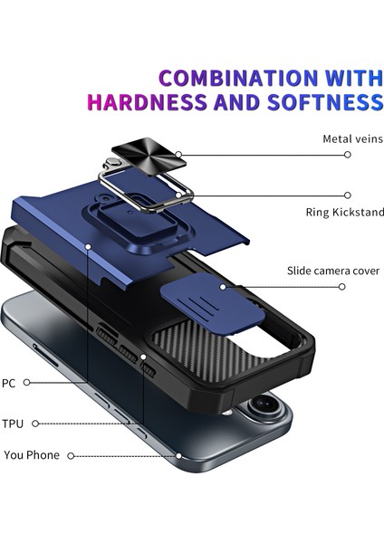 iPhone 16 Plus Kickstand Kılıf Kaydırmalı Lens Kapağı Pc+Tpu Telefon Kapağı (Yurt Dışından)