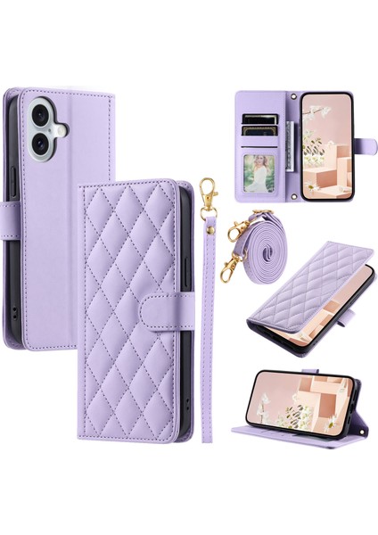 iPhone 16 Plus Eşkenar Dörtgen Izgara Pu Deri Cüzdan Crossbody Telefon Kılıfı (Yurt Dışından)