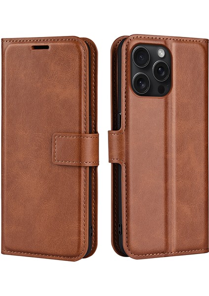 iPhone 16 Pro Manyetik Toka Buzağı Dokusu Flip Deri Telefon Kapağı (Yurt Dışından)