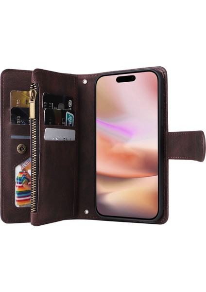 iPhone 16 Plus Fermuarlı Cep Deri Flip Telefon Kılıfı, El Kayışı ile (Yurt Dışından)