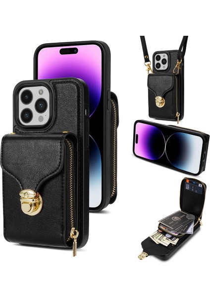 iPhone 16 Pro Max Cüzdan Kart Yuvaları Pu+Tpu Askılı Telefon Kapağı (Yurt Dışından)