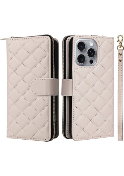 iPhone 16 Pro Max Fermuarlı Cüzdan Eşkenar Dörtgen Crossbody Deri Telefon Kılıfı (Yurt Dışından)