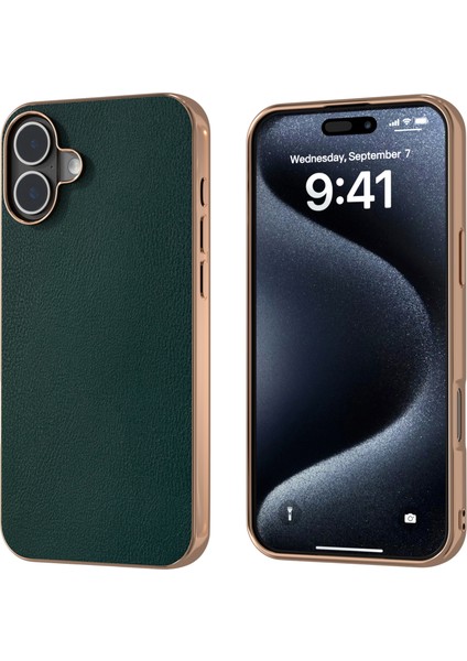 iPhone 16 Plus Elektro Kaplama Kenar Pu Deri Kaplamalı Tpu+Pc Telefon Kapağı (Yurt Dışından)