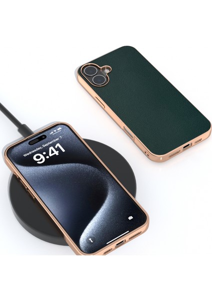 iPhone 16 Plus Elektro Kaplama Kenar Pu Deri Kaplamalı Tpu+Pc Telefon Kapağı (Yurt Dışından)