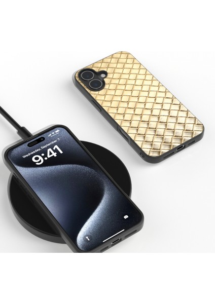 iPhone 16 Plus Dokuma Dokulu Deri+Pc+Tpu Hibrit Telefon Kılıfı (Yurt Dışından)