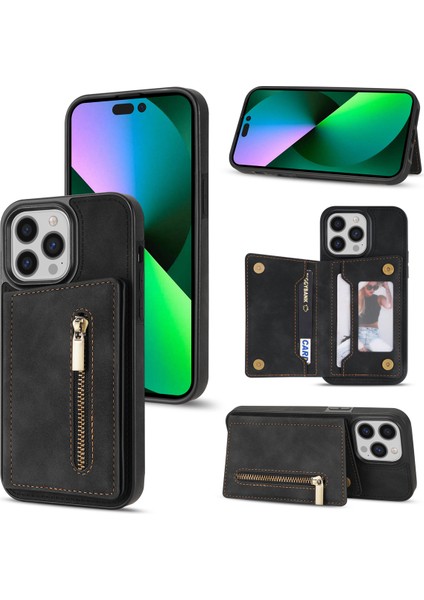 iPhone 16 Pro Fermuarlı Cep Cüzdanı Kickstand Telefon Kapağı (Yurt Dışından)