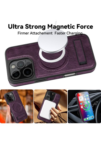 iPhone 16 Pro Max Magsafe ile Uyumlu Manyetik Deri Kickstand Telefon Kılıfı (Yurt Dışından)