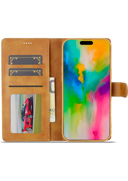 iPhone 16 Pro Max Buzağı Dokulu Pu Deri Standlı Cüzdan Telefon Kılıfı (Yurt Dışından)