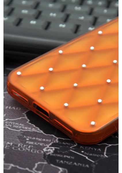 iPhone 7 Plus / 8 Plus Uyumlu Baklava Desenli Pırlanta Taşlı Sert Kapak Kılıf Turuncu indirimleri