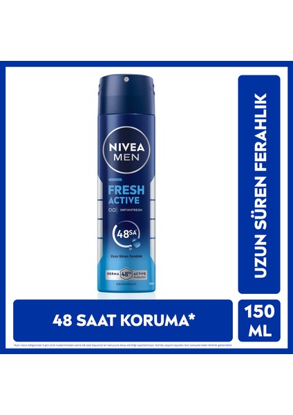 Erkek Sprey Deodorant Fresh Active 150ml, Ter Kokusuna Karşı 48 Saat Koruma, Uzun Süre Ferahlık