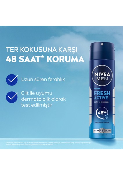 Erkek Sprey Deodorant Fresh Active 150ml, Ter Kokusuna Karşı 48 Saat Koruma, Uzun Süre Ferahlık