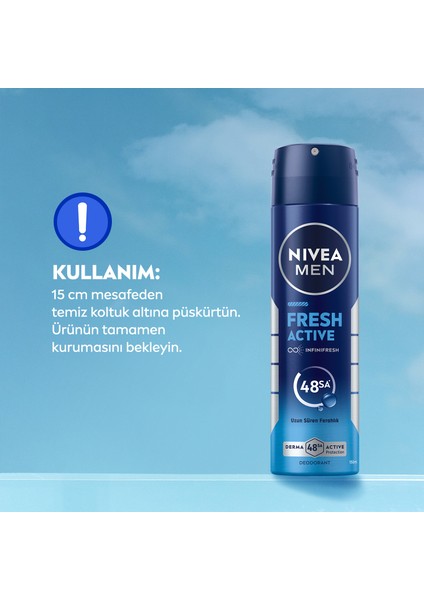 Erkek Sprey Deodorant Fresh Active 150ml, Ter Kokusuna Karşı 48 Saat Koruma, Uzun Süre Ferahlık