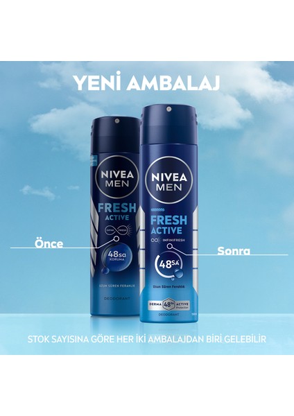 Erkek Sprey Deodorant Fresh Active 150ml, Ter Kokusuna Karşı 48 Saat Koruma, Uzun Süre Ferahlık