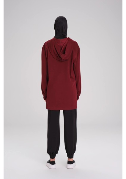 Yumuşak Dokulu Kapüşonlu Fermuarlı Bordo Basic Günlük Sweatshirt Act-15