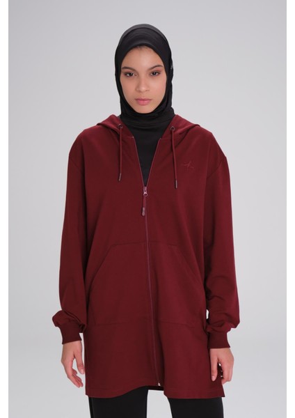 Yumuşak Dokulu Kapüşonlu Fermuarlı Bordo Basic Günlük Sweatshirt Act-15