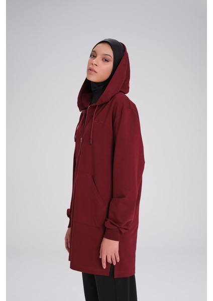 Yumuşak Dokulu Kapüşonlu Fermuarlı Bordo Basic Günlük Sweatshirt Act-15