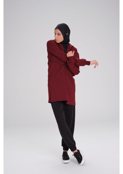 Yumuşak Dokulu Kapüşonlu Fermuarlı Bordo Basic Günlük Sweatshirt Act-15
