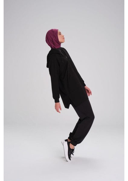 Yumuşak Dokulu Kapüşonlu Fermuarlı Siyah Basic Günlük Sweatshirt Act-15 fırsatları