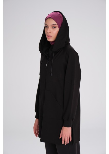 Yumuşak Dokulu Kapüşonlu Fermuarlı Siyah Basic Günlük Sweatshirt Act-15 indirimleri