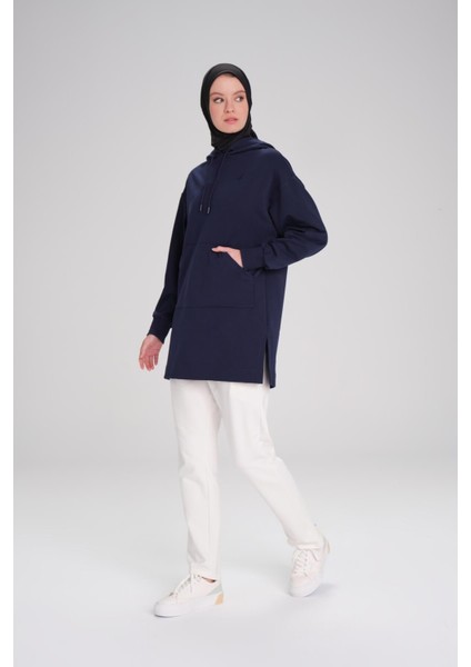 Yumuşak Dokulu Kapüşonlu Lacivert Basic Günlük Sweatshirt Act-23
