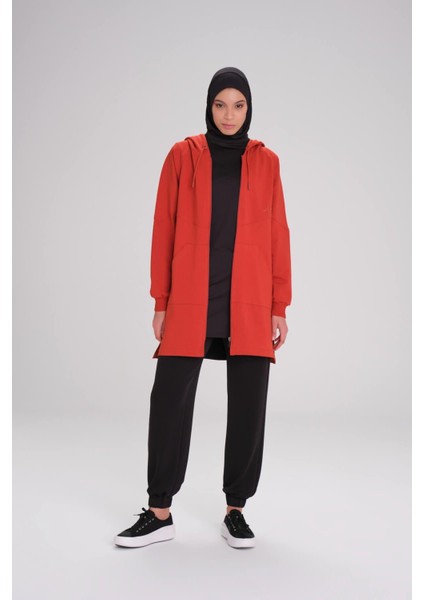 Yumuşak Dokulu Reglan Kapüşonlu Fermuarlı Kırmızı Basic Günlük Sweatshirt Act-12