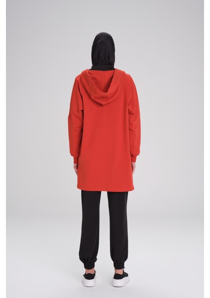Yumuşak Dokulu Reglan Kapüşonlu Fermuarlı Kırmızı Basic Günlük Sweatshirt Act-12