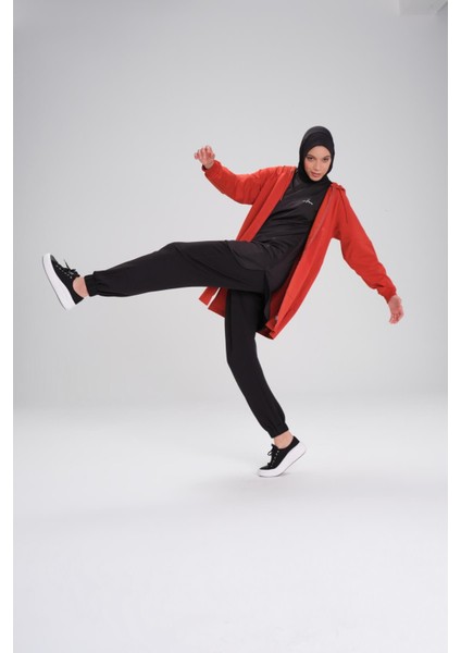 Yumuşak Dokulu Reglan Kapüşonlu Fermuarlı Kırmızı Basic Günlük Sweatshirt Act-12