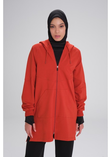 Yumuşak Dokulu Reglan Kapüşonlu Fermuarlı Kırmızı Basic Günlük Sweatshirt Act-12