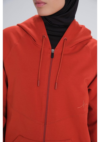 Yumuşak Dokulu Reglan Kapüşonlu Fermuarlı Kırmızı Basic Günlük Sweatshirt Act-12