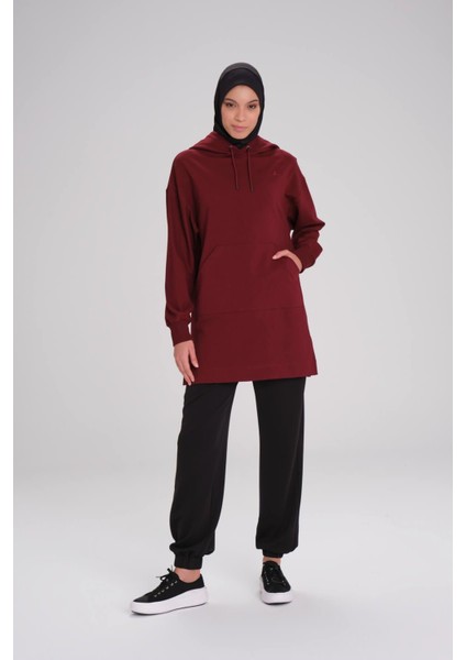 Yumuşak Dokulu Kapüşonlu Bordo Basic Günlük Sweatshirt Act-21