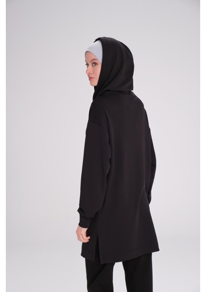 Yumuşak Dokulu Kapüşonlu Siyah Basic Günlük Sweatshirt Act-13