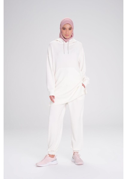 Yumuşak Dokulu Kapüşonlu Ekru Basic Günlük Sweatshirt Act-13