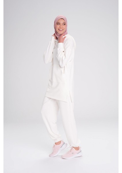 Yumuşak Dokulu Kapüşonlu Ekru Basic Günlük Sweatshirt Act-13