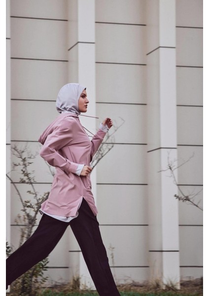 Active Uzun Kollu Kapüşonlu Fermuarlı Pembe Tesettür Antrenman Tişörtü Act-10