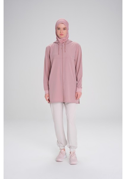 Active Uzun Kollu Kapüşonlu Fermuarlı Pembe Tesettür Antrenman Tişörtü Act-10 modelleri