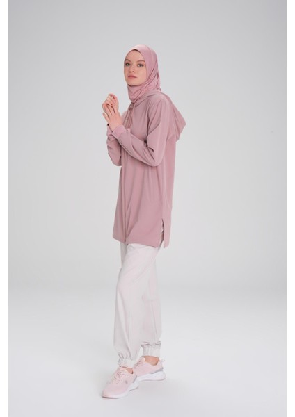 Active Uzun Kollu Kapüşonlu Fermuarlı Pembe Tesettür Antrenman Tişörtü Act-10 indirimleri