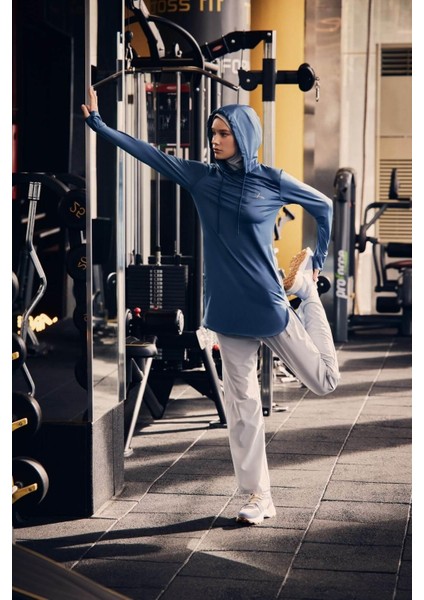 Active Uzun Kollu Kapüşonlu Mavi Tesettür Antrenman Tişörtü Act-6