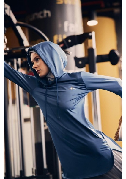 Active Uzun Kollu Kapüşonlu Mavi Tesettür Antrenman Tişörtü Act-6 fiyatları